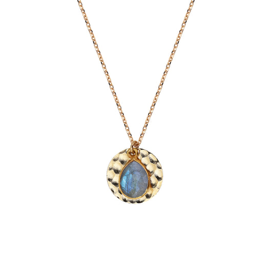 Collier Nilaï fin chaîne avec médaillon rond doré et pierre labradorite