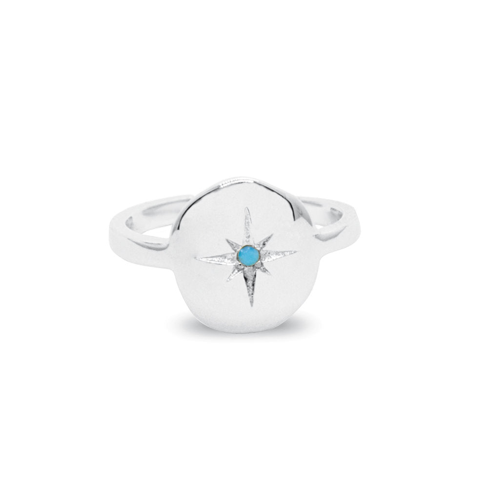 Bague argentée gravée Etoile Nord et ornée zircon turquoise