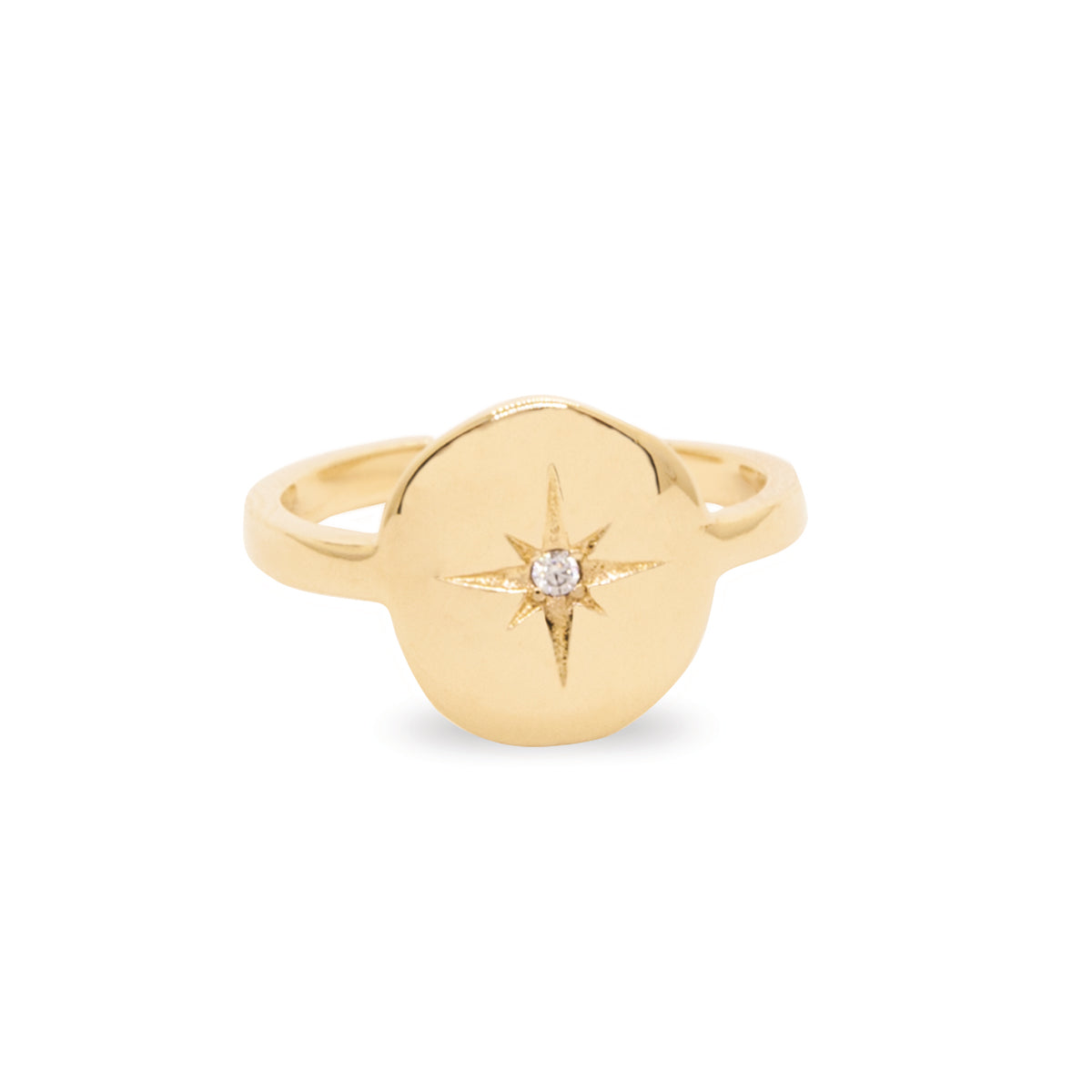 Bague dorée gravée Etoile Nord et ornée zircon blanc