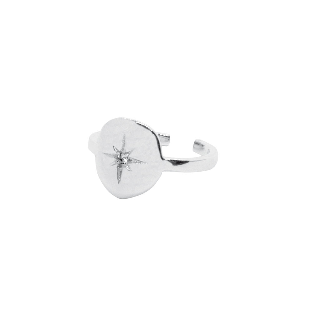 Bague argentée gravée Etoile Nord et ornée zircon blanc