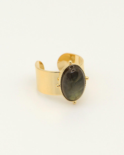 Grosse bague Nilaï large avec pierre labradorite ovale et paré de 4 billes