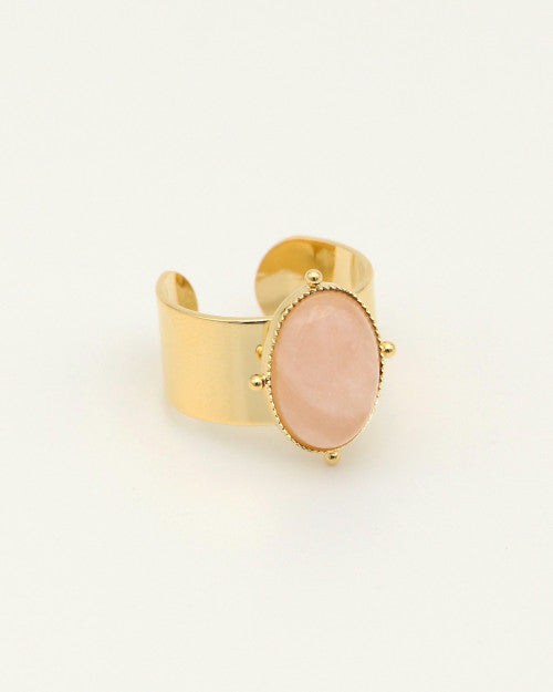Grosse bague Nilaï large avec pierre quartz rose ovale et paré de 4 billes