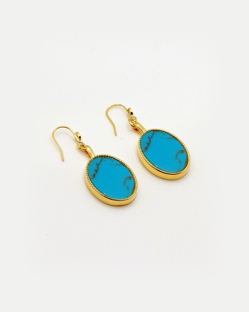 Boucles d’oreilles Nilaï pendantes grande pierre naturelle plate turquoise