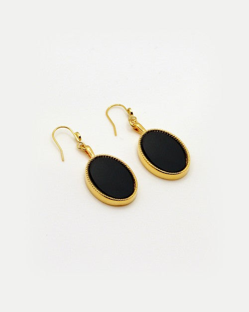 Boucles d’oreilles Nilaï pendantes grande pierre naturelle plate agate noire