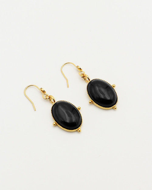 Boucles d’oreilles Nilaï pendantes avec pierre agate noire ovale et orné de 4 billes