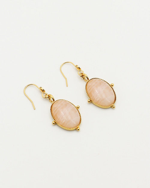 Boucles d’oreilles Nilaï pendantes avec pierre quartz rose ovale et orné de 4 billes