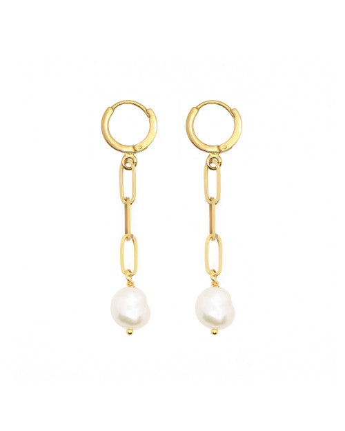 Boucles d’oreilles Nilaï pendantes maille ornées perle eau douce blanche