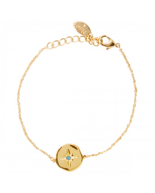 Bracelet or gravé Etoile Nord et ornée zircon turquoise
