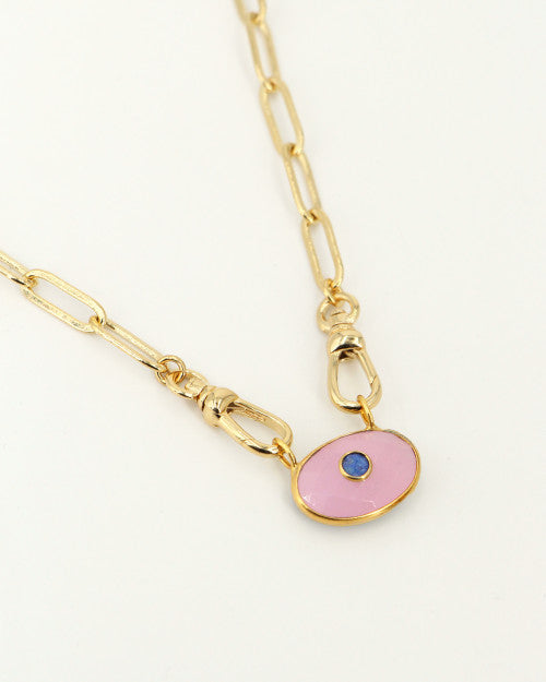 Collier Deva Nilai avec chaine à grosse maille, mousqueton et pierre naturelle calcédoine rose