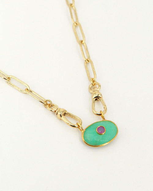 Collier Deva Nilai avec chaine à grosse maille, mousqueton et pierre naturelle chrysoprase