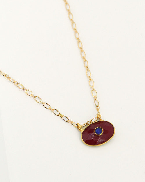 collier à mailles fines et pierre naturelle agate rouge