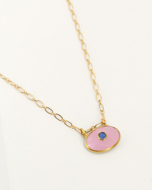collier à mailles fines et pierre naturelle calcédoine rose