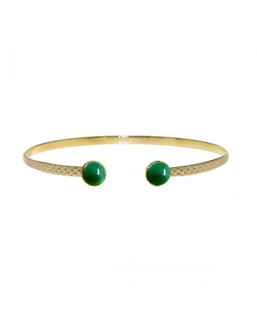 Jonc athéna gaufré fini doré orné d'une pierre agate verte