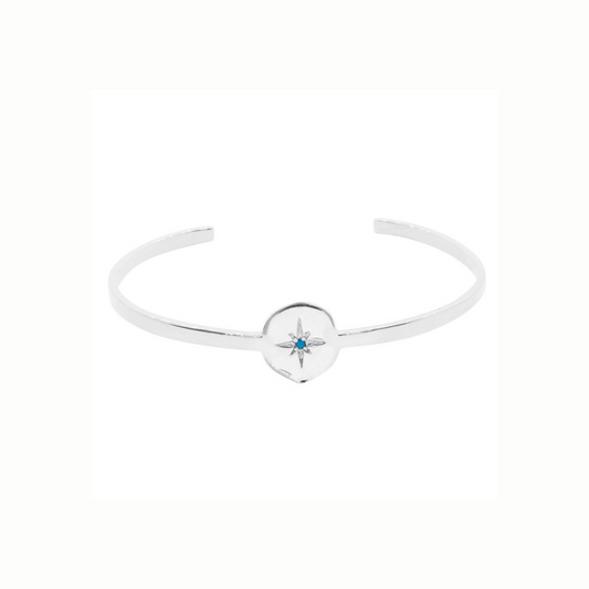 Jonc argenté gravé Etoile Nord et ornée zircon turquoise