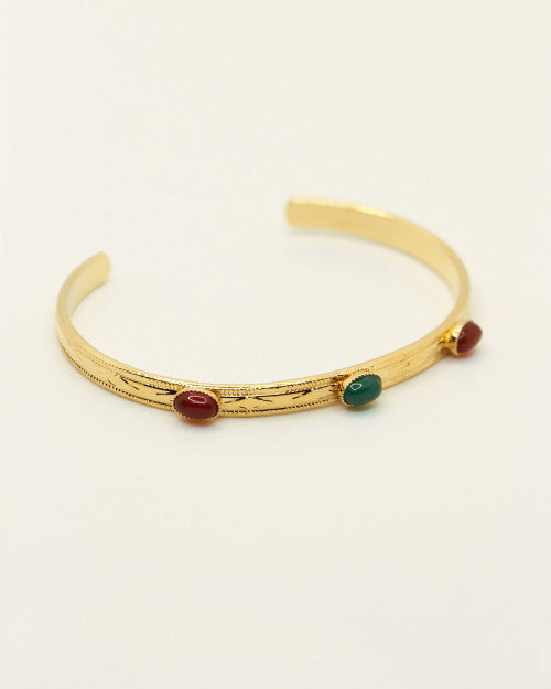 Jonc taille ajustable orné 3 pierres naturelles agate verte et grenat