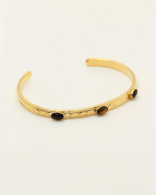 Jonc taille ajustable orné 3 pierres naturelles oeil de tigre agate noire