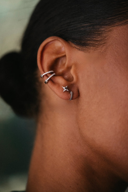 Boucle d'Oreille Unique - Créole Daylight Diamants Noirs - Or Blanc - 7mm