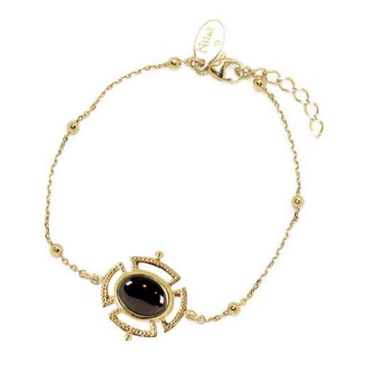 Bracelet Nilaï chaine fine composée billes et talisman orné pierre agate noire