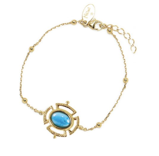 Bracelet Nilaï chaine fine composée billes et talisman orné pierre turquoise