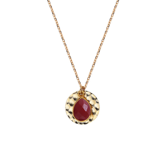 Collier Nilaï fin chaîne avec médaillon rond doré et pierre grenat