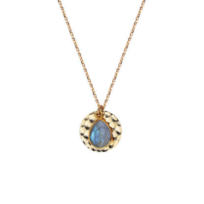 Collier Nilaï fin chaîne avec médaillon rond doré et pierre labradorite