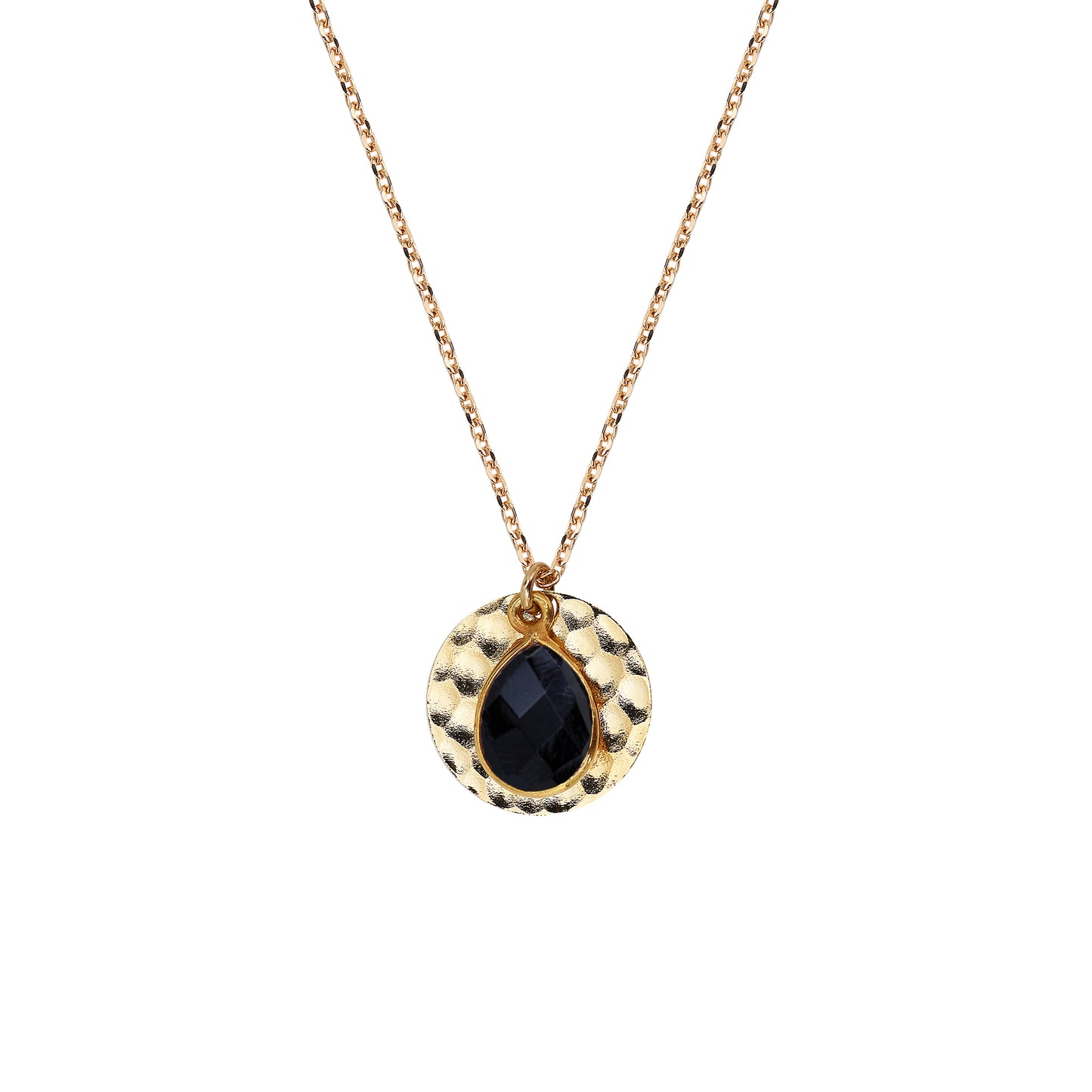 Collier Nilaï fin chaîne avec médaillon rond doré et pierre onyx noir