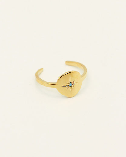 Bague gravée Etoile Nord et ornée zircon turquoise