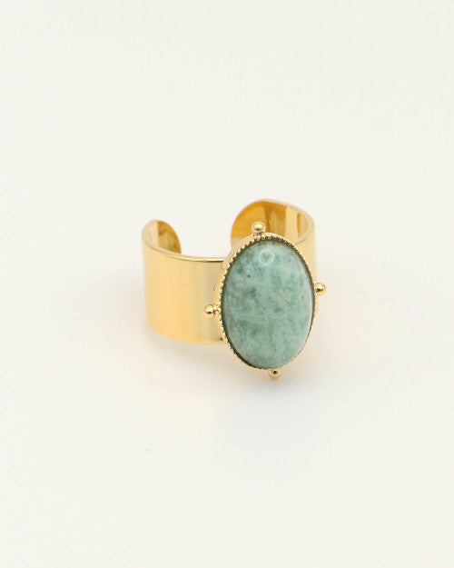 Grosse bague Nilaï large avec pierre amazonite ovale et paré de 4 billes