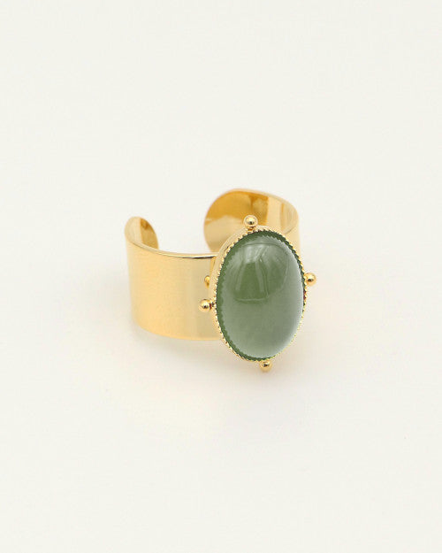 Grosse bague Nilaï large avec pierre aventurine ovale et paré de 4 billes