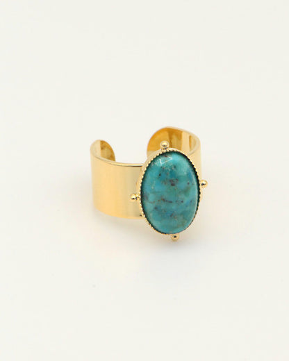 Grosse bague Nilaï large avec pierre turquoise ovale et paré de 4 billes