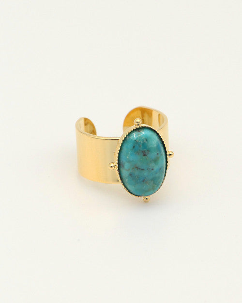 Grosse bague Nilaï large avec pierre turquoise ovale et paré de 4 billes