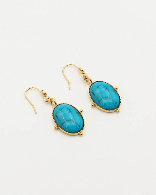 Boucles d’oreilles Nilaï pendantes avec pierre turquoise ovale et orné de 4 billes