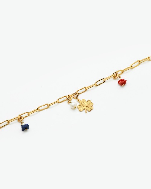 Bracelet Nilaï maille orné pendentifs colorés et médaillon trèfle