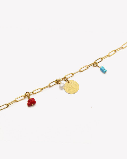Bracelet Nilaï maille orné pendentifs colorés et médaillon rond