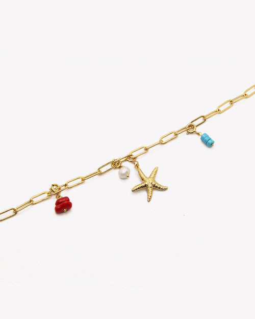 Bracelet Nilaï maille orné pendentifs colorés et médaillon étoile de mer