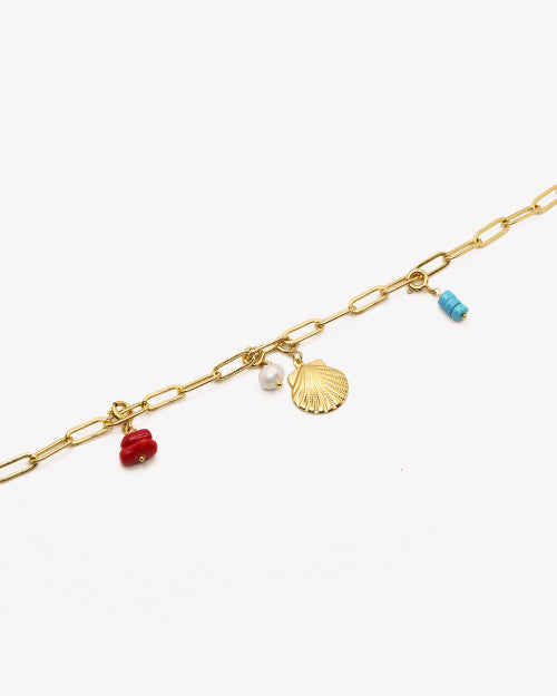 Bracelet Nilaï maille orné pendentifs colorés et médaillon coquillage