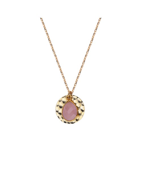 Collier Nilaï fin chaîne avec médaillon rond doré et pierre calcédoine rose