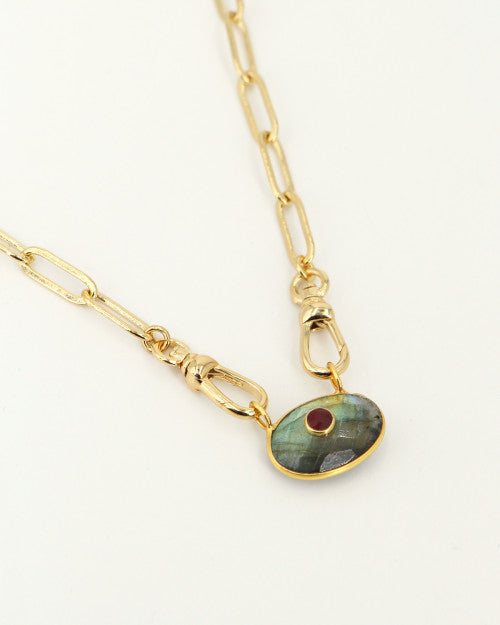 Collier Deva Nilai avec chaine à grosse maille, mousqueton et pierre naturelle labradorite