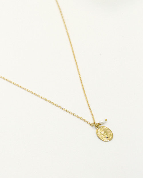 Collier fin Nilaï avec pendentif pièce camée et pierre naturelle blanche 
