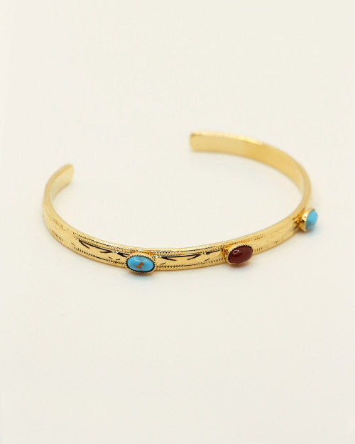Jonc taille ajustable orné 3 pierres naturelles agate rouge turquoise